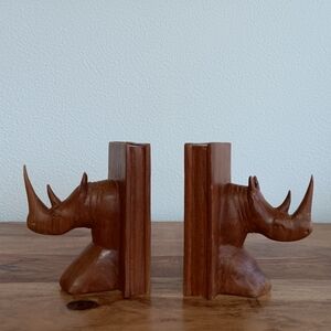 Vintage Hand Carved Solid Wood Rhinosaurus Bookends